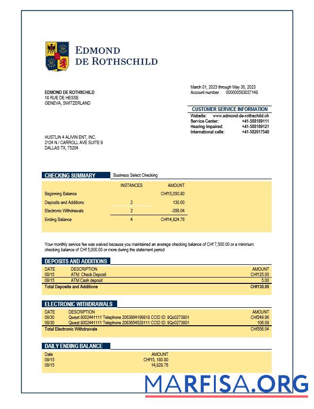 Downloadable Banque Privee Edmond de Rothschild organization checking account statement Word and PDF template
